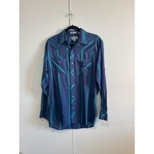 Vintage Sheplers Shirt Mens Medium Blue Striped Western Snap Button Long Sleeve
